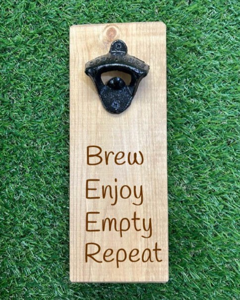 Brew, Enjoy, Empty, Repeat   – Wooden Bottle Opener
